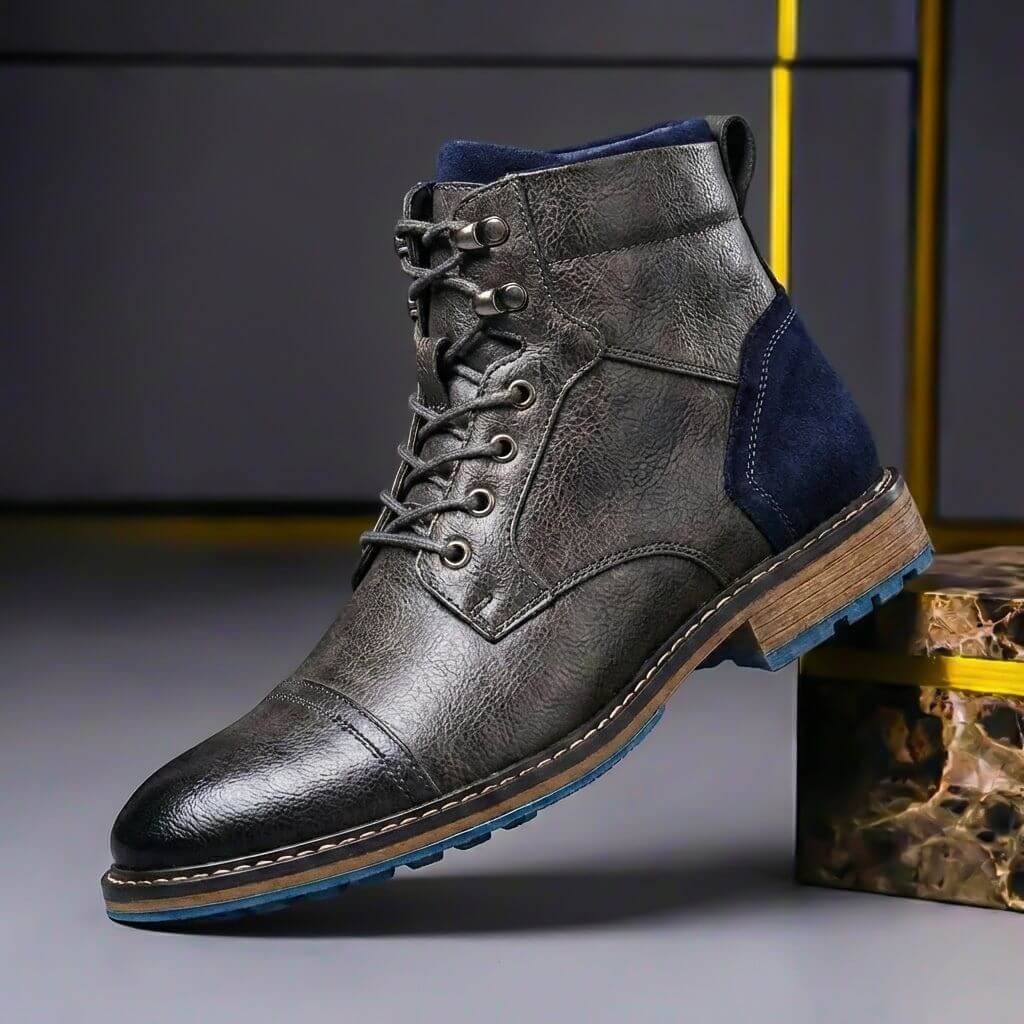 Adrian Striking Two-Tone Leather Boots with Elegant Craftsmanship, view 5 - Elena Harper