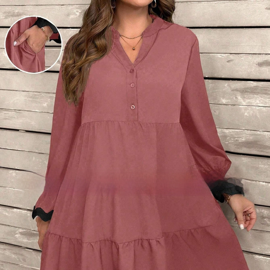 Women's Loose Midi Dress with V-Neck and Long Sleeves