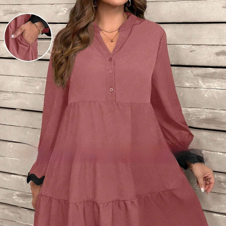 Women's Loose Midi Dress with V-Neck and Long Sleeves