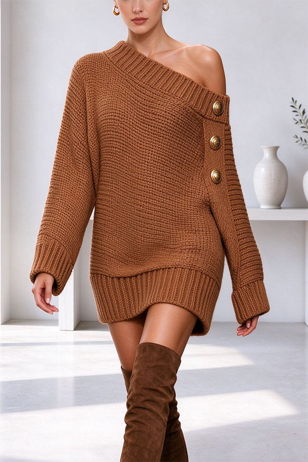 Ribbed Knit One Shoulder Button Detail Long Sleeve Relaxed Sweater Mini Dress
