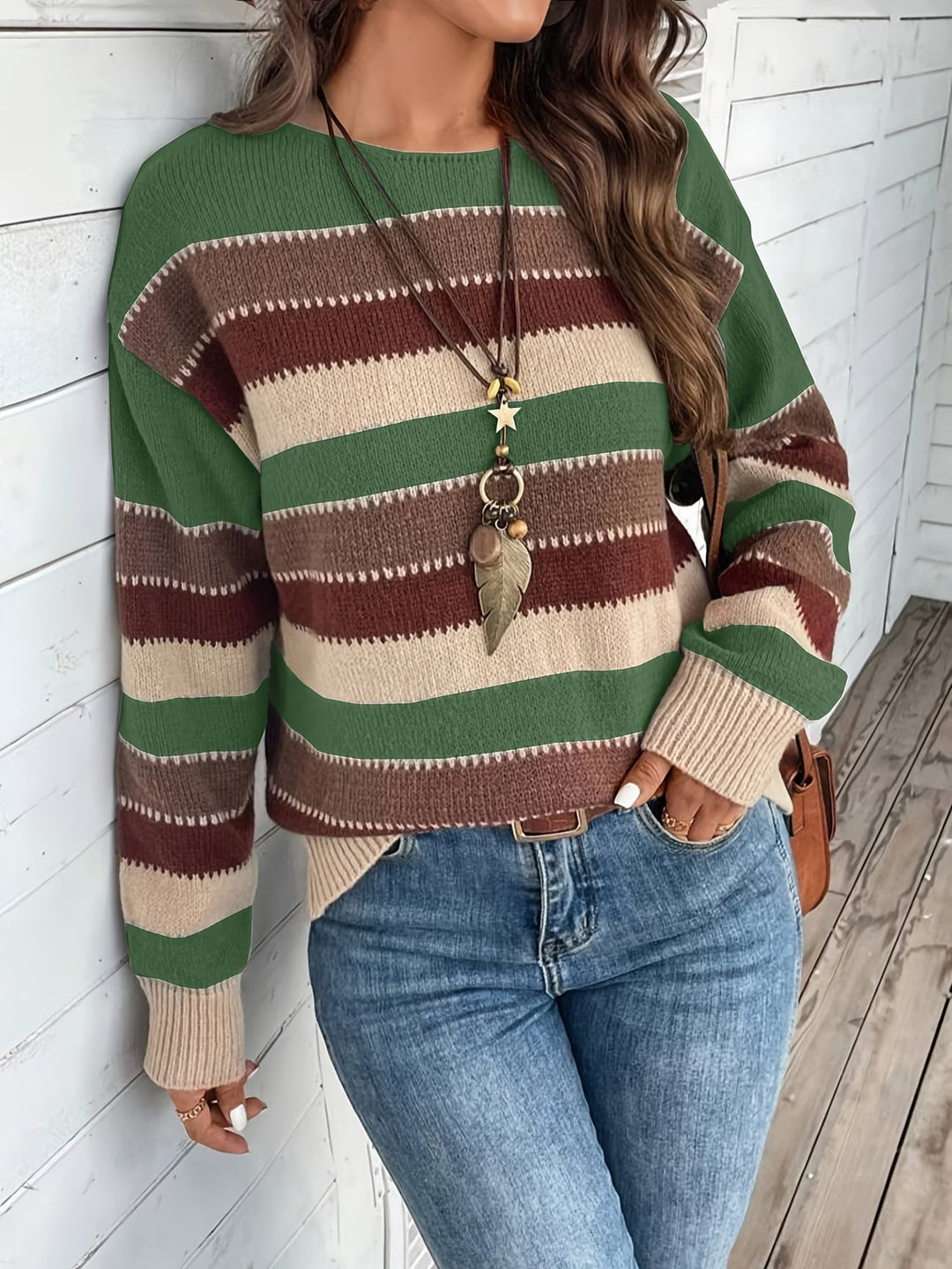 Women's Striped Knit Sweater with Round Neck