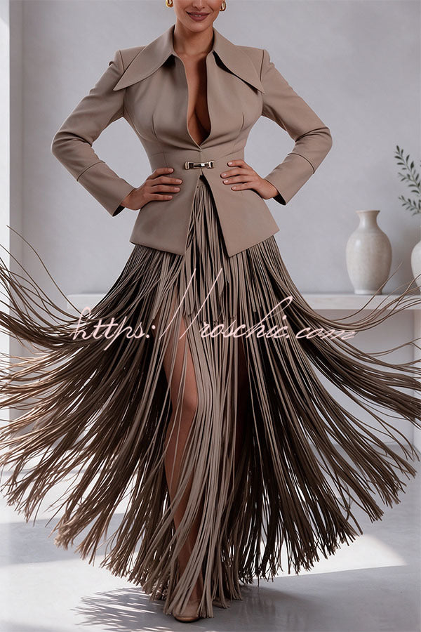 Maderia Structured Blazer & Tassel Skirt Two-Piece Set