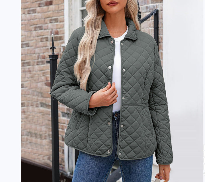 Women's Solid Quilted Jacket – Casual Style with Warm Notched Collar
