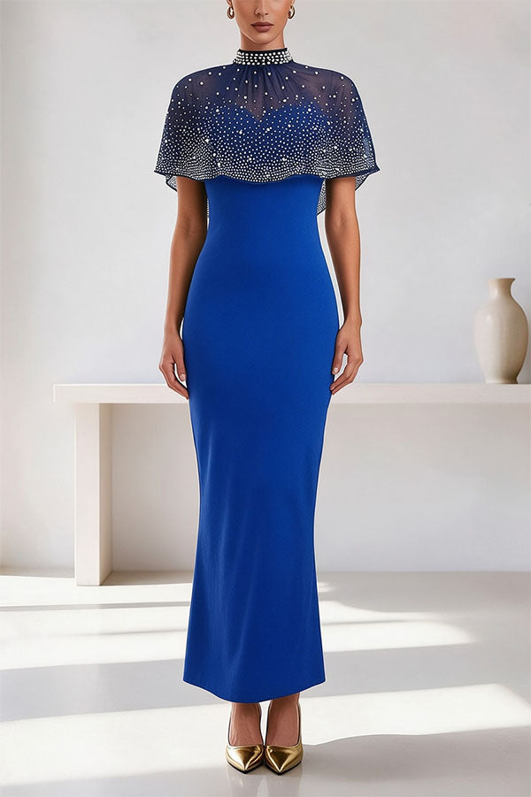 Grace Lady Sheer Pearl Details High-neck Cape Maxi Dress