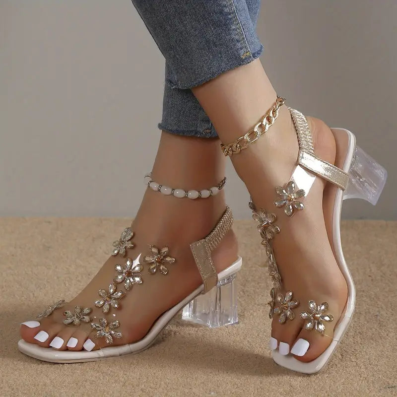 Graciela High Heeled Sandals with Floral Crystals, view 8 - Elena Harper