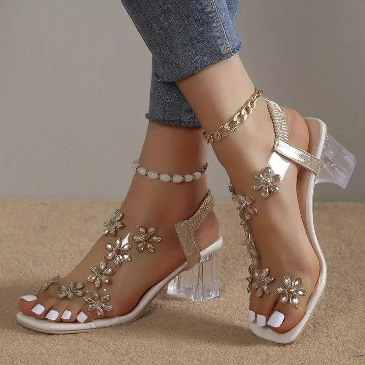Graciela High Heeled Sandals with Floral Crystals, view 8 - Elena Harper