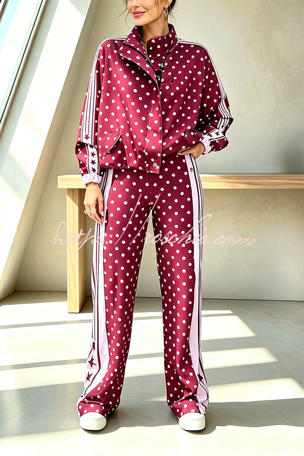 Lucienne Polka Dot Striped Star Print Zipper High Neck Pocket Sporty Jacket