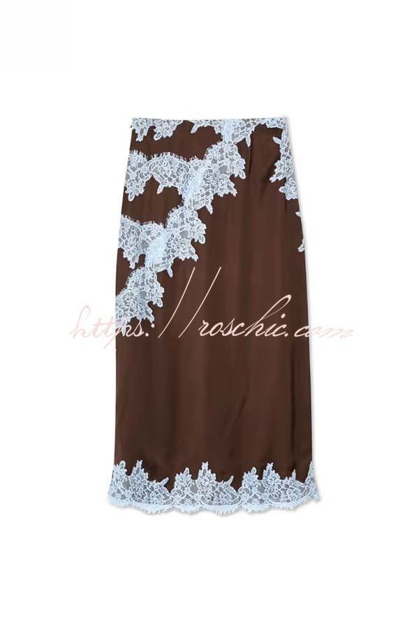 Sunday Social Contrast Color Satin Lace Trim Mid Rise Maxi Skirt (Shipped Within 24 Hours), view 7 - Elena Harper