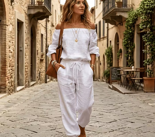 Women's Off-Shoulder Set with Flowing Pants