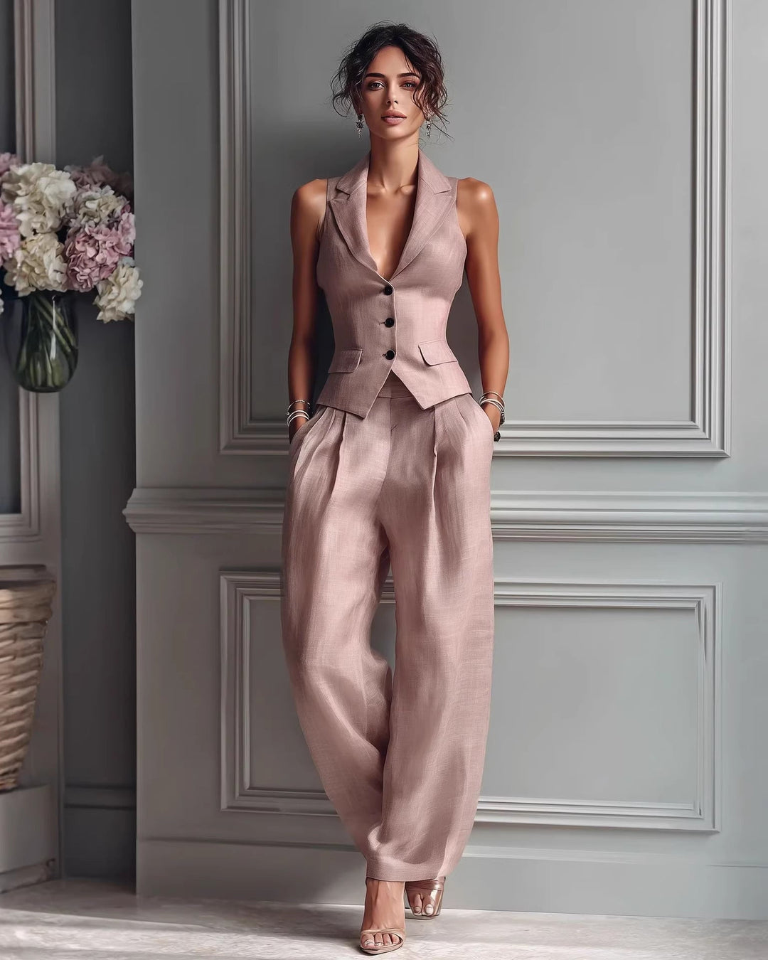 Women's Two-Piece Set with Vest and Straight-Leg Pants – Elegant Outfit