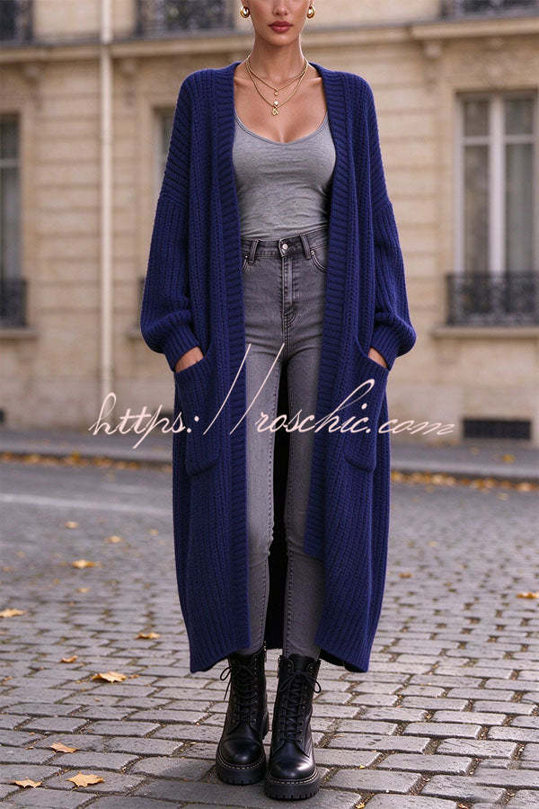 Trendy Thick Knit Open Front Long Sleeve Pocket Oversized Midi Cardigan