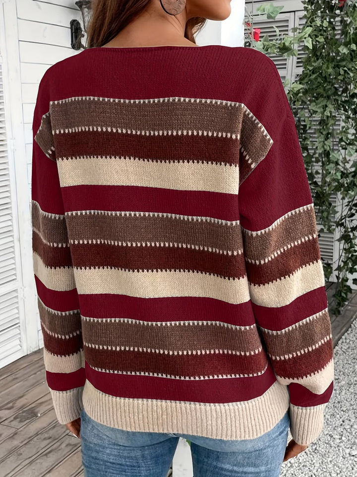 Women's Striped Knit Sweater with Round Neck
