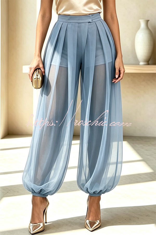 Semi-sheer Mesh Solid Color Mid Rise Patchwork Loose Lantern Pants