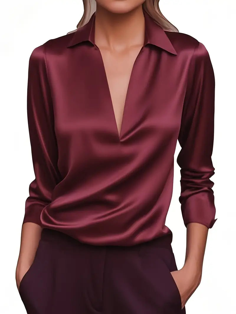 Women's Elegant Collared V-Neck Blouse - Long Sleeve