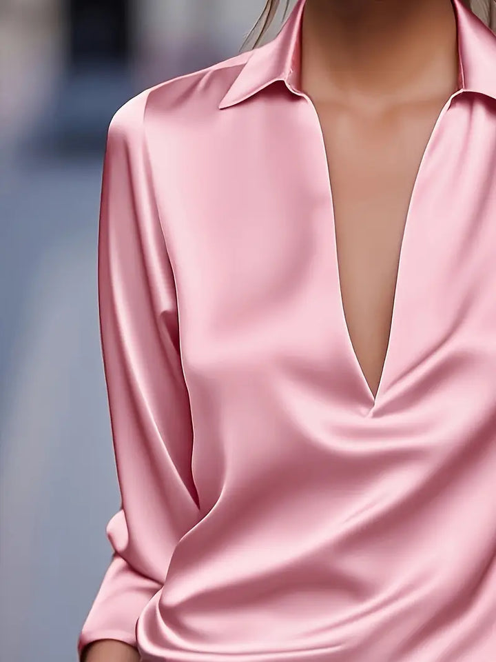 Women's Elegant Collared V-Neck Blouse - Long Sleeve