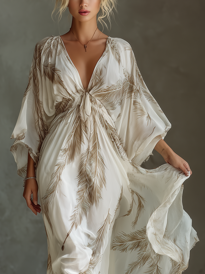 Women's Elegant Palm Leaf Maxi Dress with Twisted Front