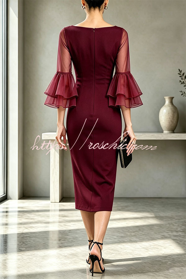 Formal Boat Neck Sheer Double Layer Bell Sleeve Bodycon Midi Dress