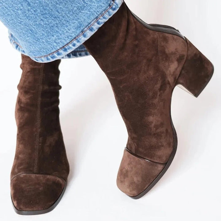 Elizabeth Eye-catching Suede Ankle Boots with Leopard Accent, view 2 - Elena Harper