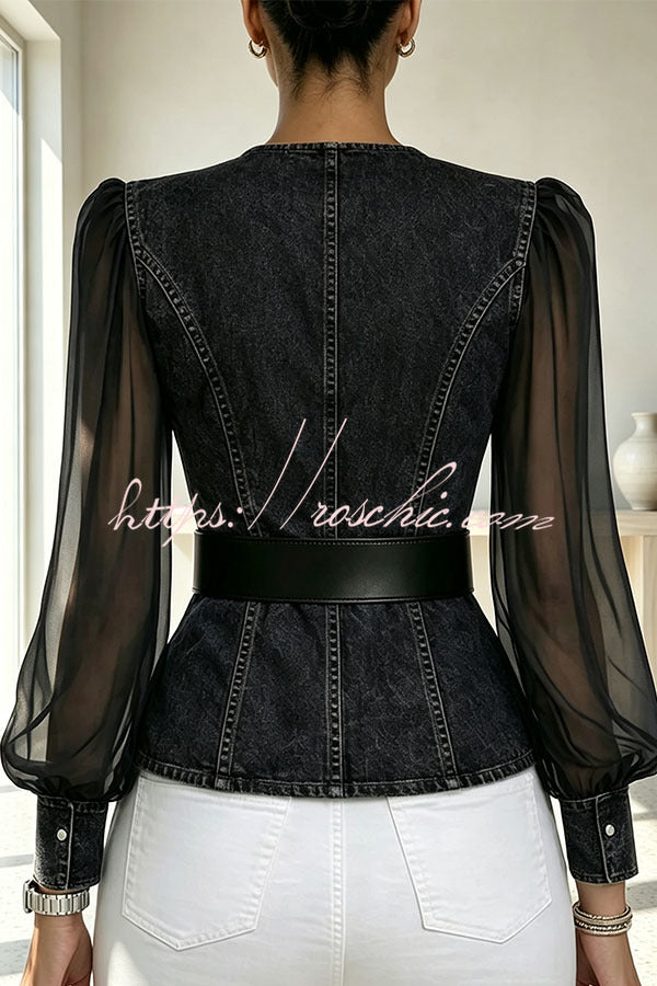 Faux Denim & Sheer Tulle Sculpted Crossover Blouse