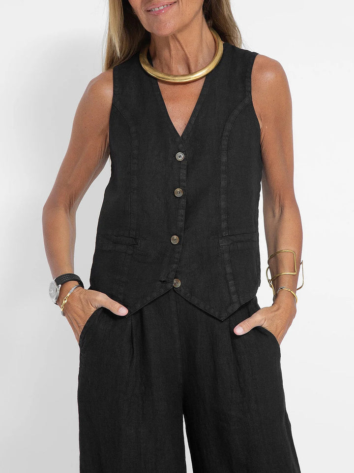 Women's Sleeveless V-Neck Wide-Leg Trouser Set - Elegant & Versatile