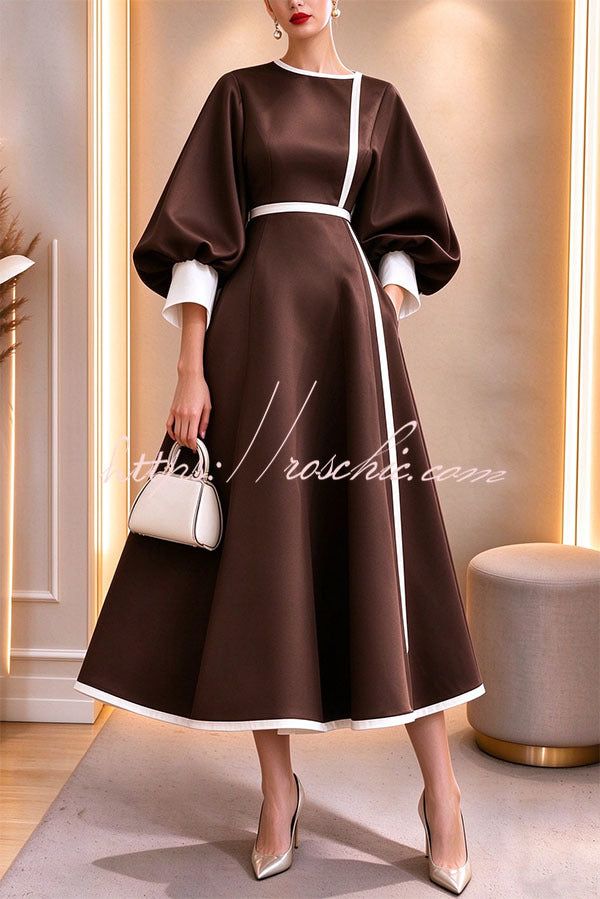 Elegant Color-block Lantern Sleeve Cinched Waist Pocketed Mid Dress