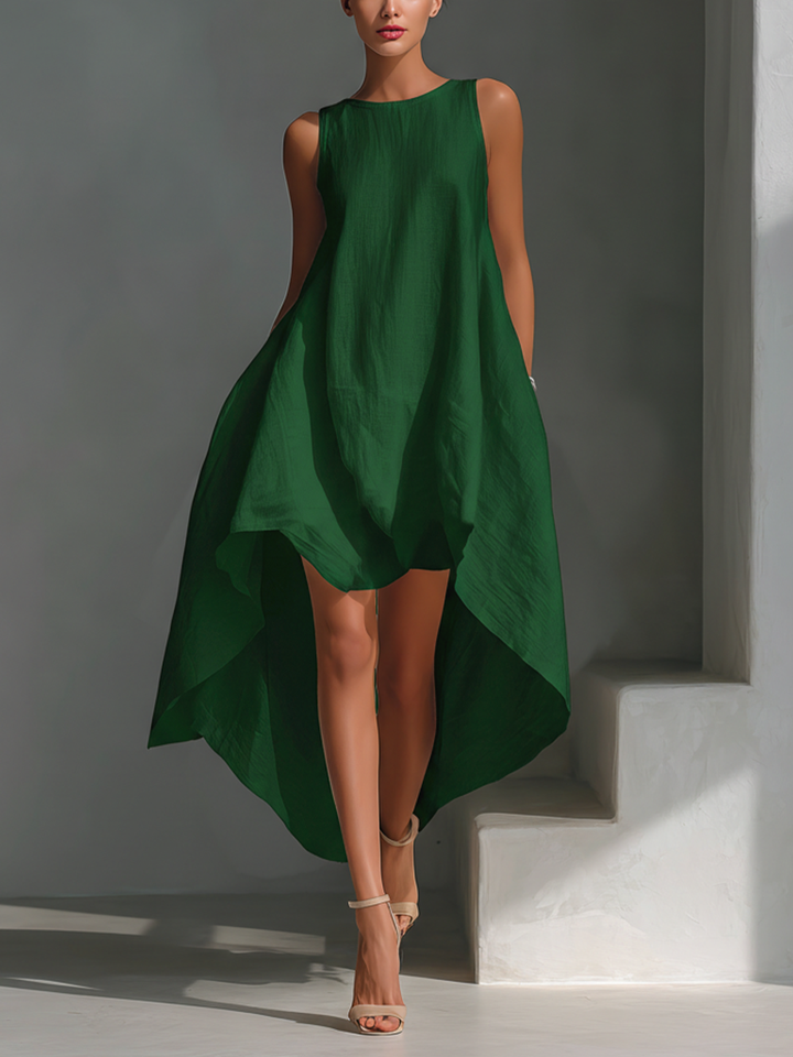 Alyna Midi Dress Without Sleeves with Asymmetric Hem, view 3 - Elena Harper