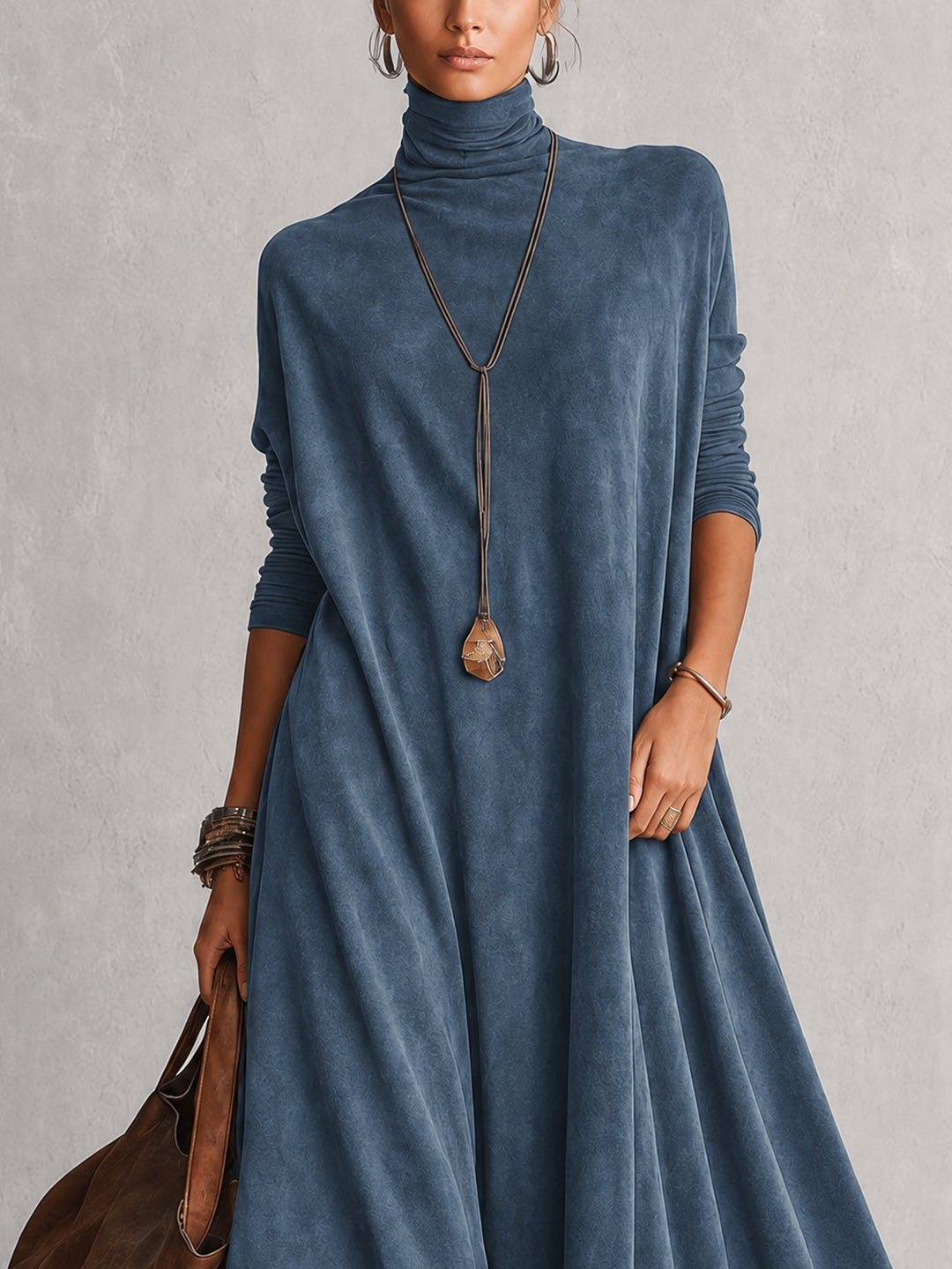 Long women's suede-effect dress with lace