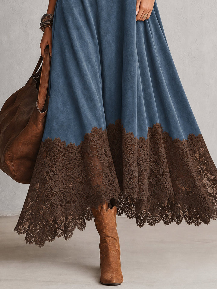 Long women's suede-effect dress with lace