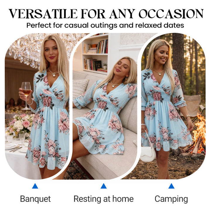 Short Women's Fluid Floral V-Neck Dress for a Light and Elegant Summer Style