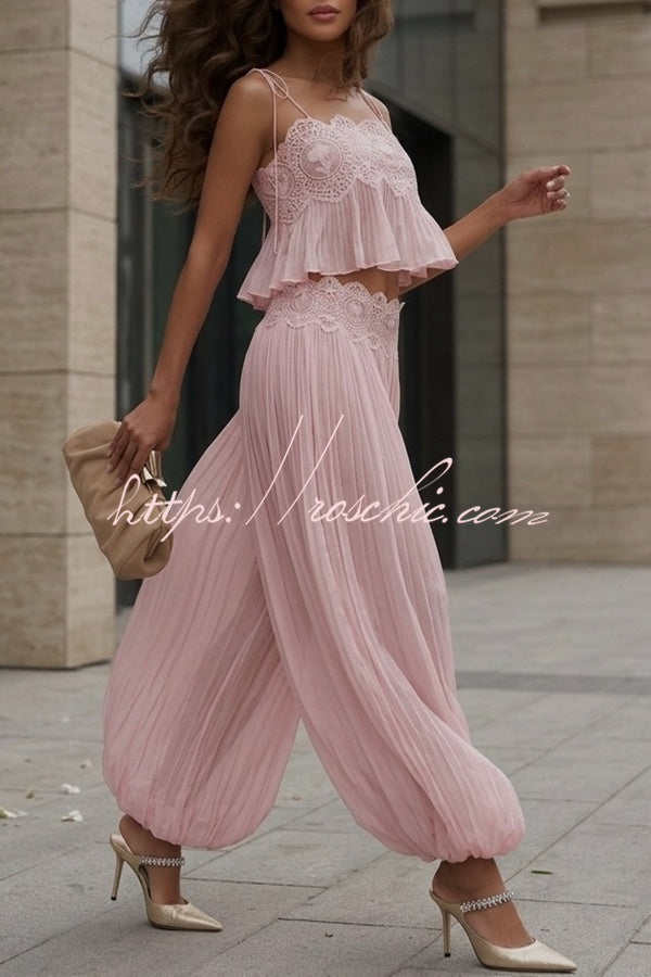 Dreamy Crinkle Chiffon Lace Trim Tank and High Rise Loose Lantern Pants Set