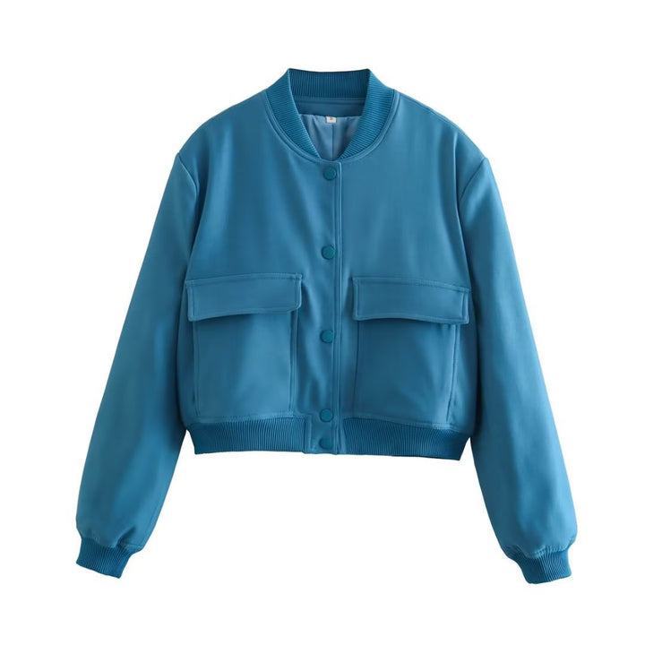 Women's Autumn Bomber Jacket with Front Pockets and Solid Color Design