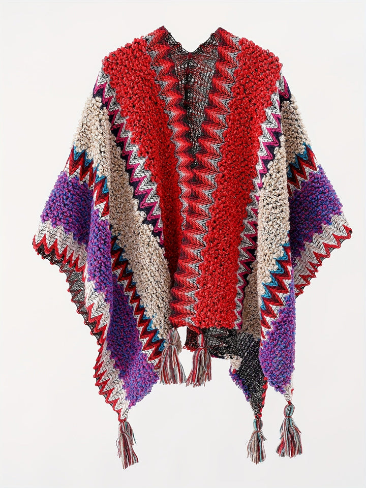 Briana Blanket with Tassels and Stripe Pattern Cape Travel Jacket, view 4 - Elena Harper