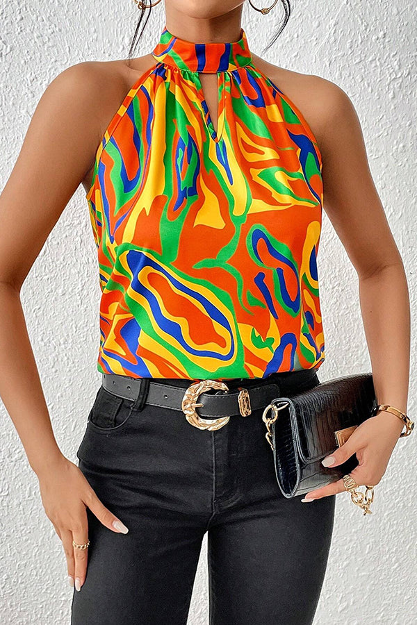 Unique Print Sleeveless Round Neck Loose Top