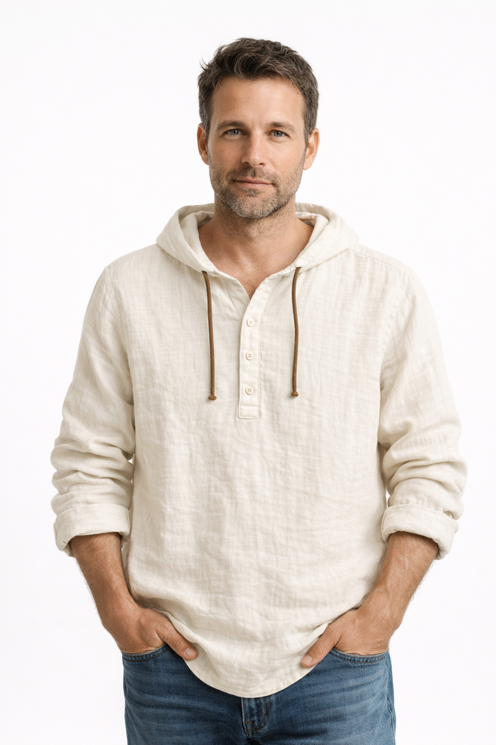 Men's Linen Shirt with Casual Fit and Adjustable Hood