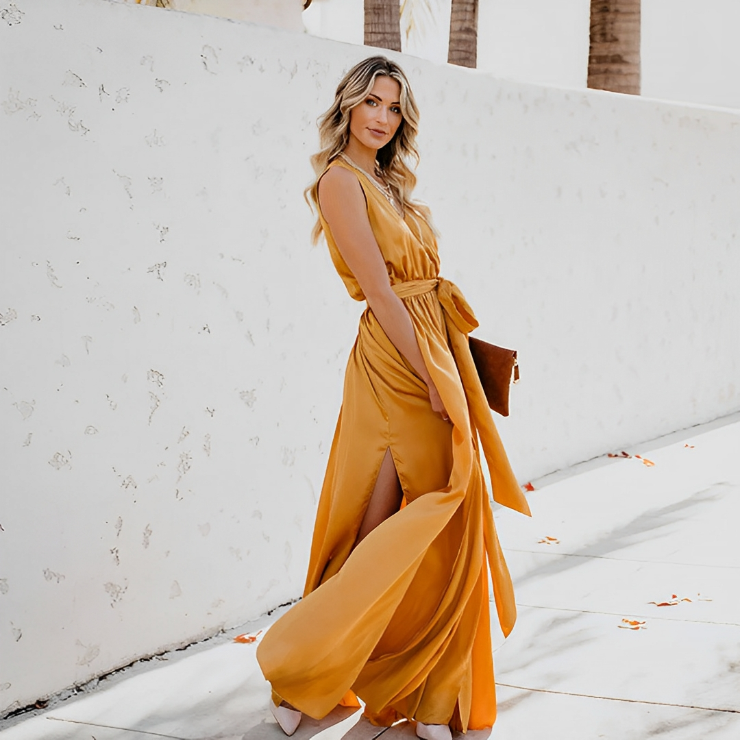 Women's Elegant Maxi Dress with Waist Belt for Special Occasions