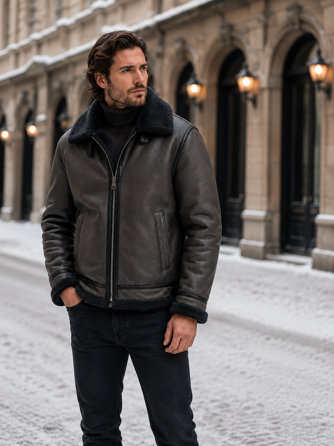 Men's Aviator Jacket Montarello Leather Look Lined with Sheepskin