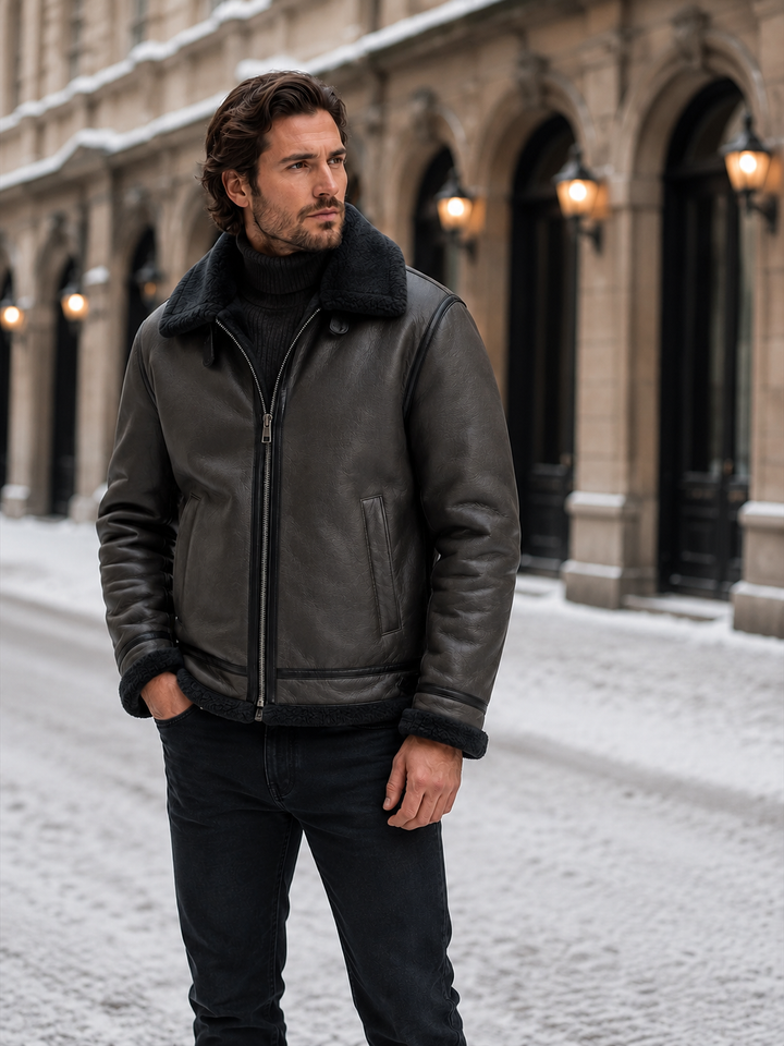 Men's Aviator Jacket Montarello Leather Look Lined with Sheepskin