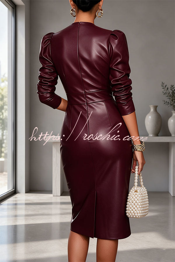 Faux PU Leather V-Neck Long Sleeve Stretch Pencil Midi Dress