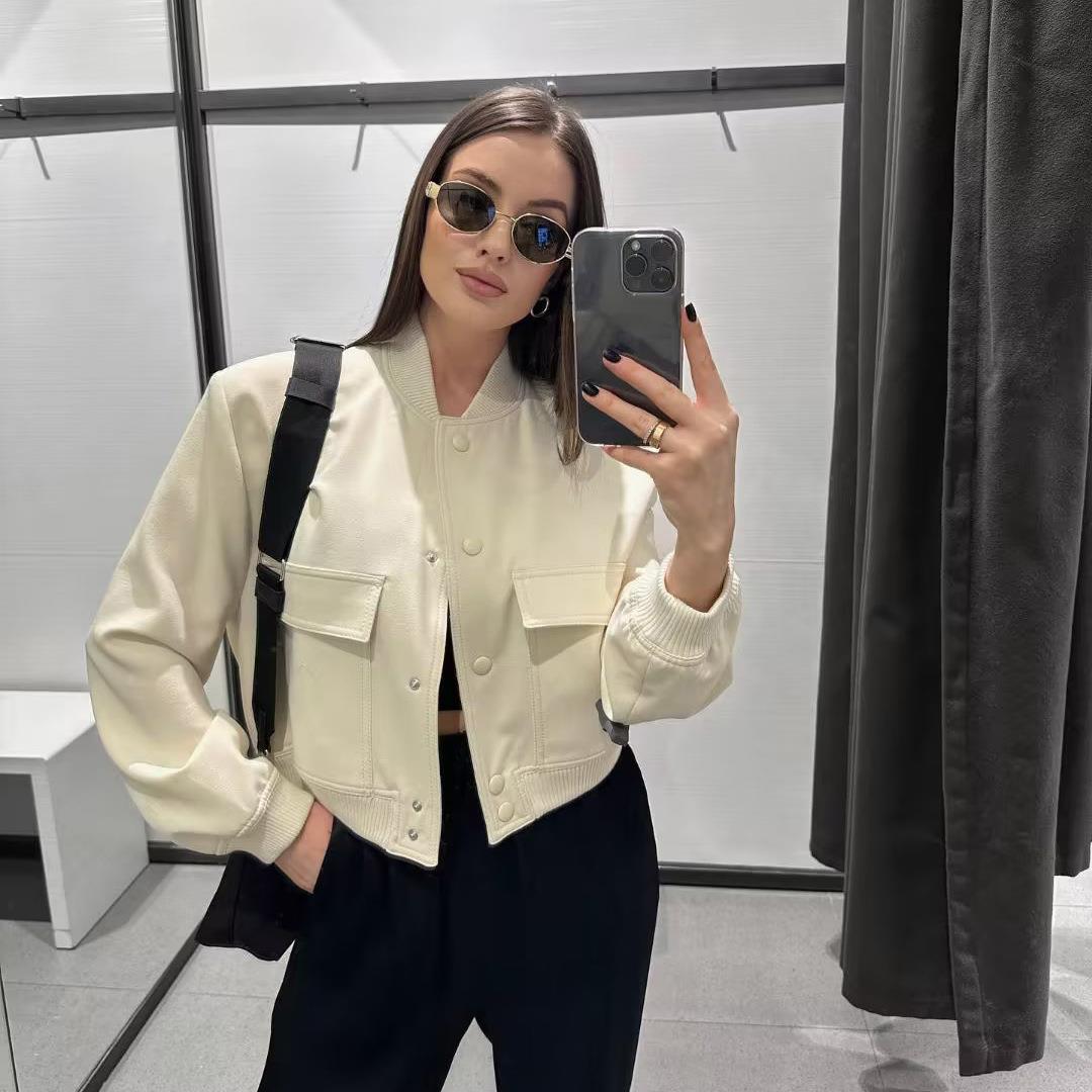 Women's Autumn Bomber Jacket with Front Pockets and Solid Color Design