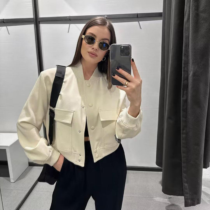 Women's Autumn Bomber Jacket with Front Pockets and Solid Color Design
