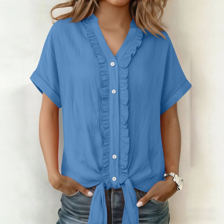 Women's Cotton Buttoned V-Neck Blouse Fluid Cut Summer