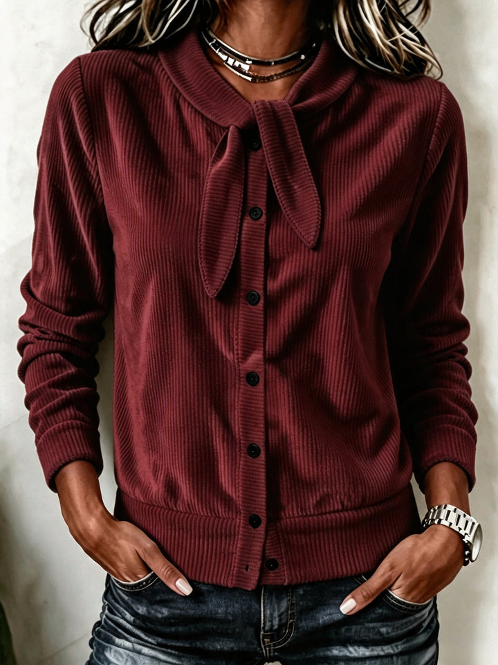 Women's Buttoned Sweater with Velvet Bow - Soft and Refined