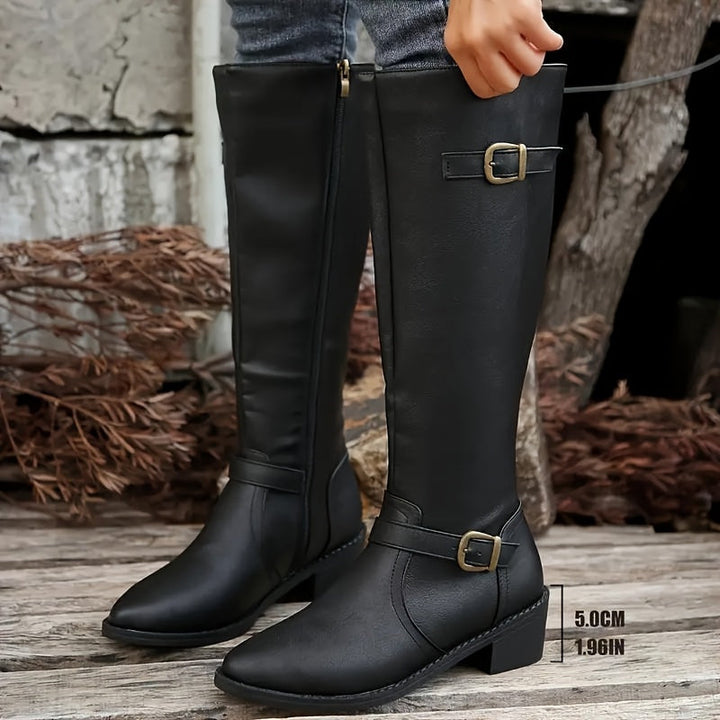 Alicia Elegant Knee-High Boots in Leather Look with Double Buckles, view 7 - Elena Harper