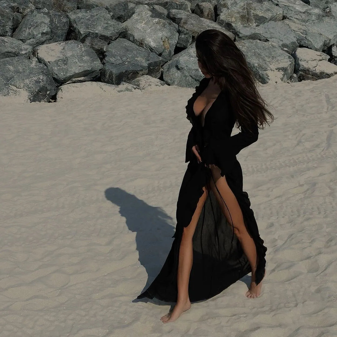 Women's Flowy Long Sleeve Maxi Beach Dress