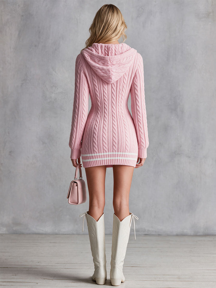 Retro Elegant Pink Hooded V-neck Cable Knit Mini Dress