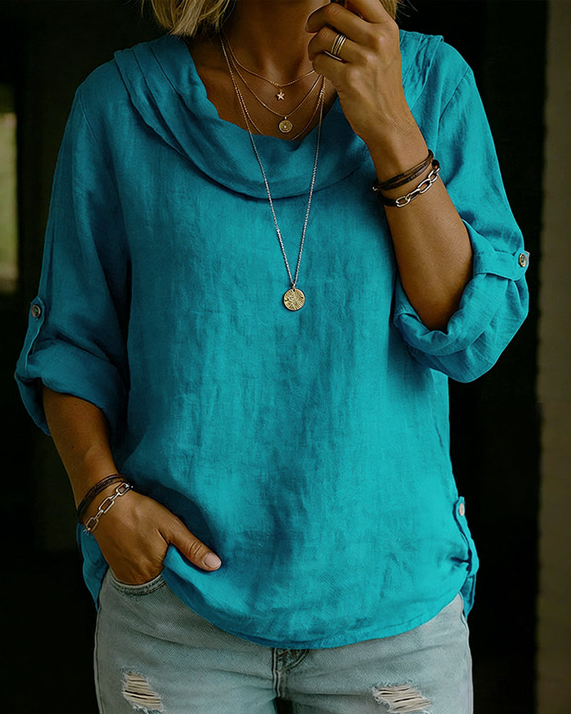 Women's Cotton Blouse with Folded Collar, Long Sleeves, Classic Fit