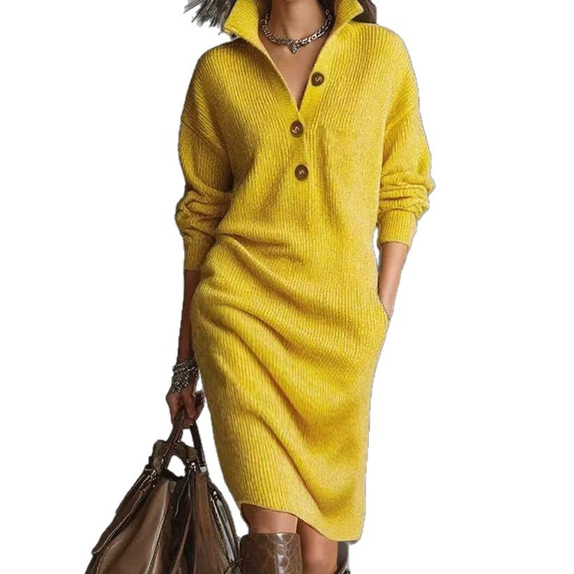 Women's Long Sleeve Knit Dress – High V-Neck with Buttons