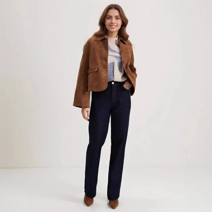 Short Suede Jacket with Front Pockets for Women - Alenor