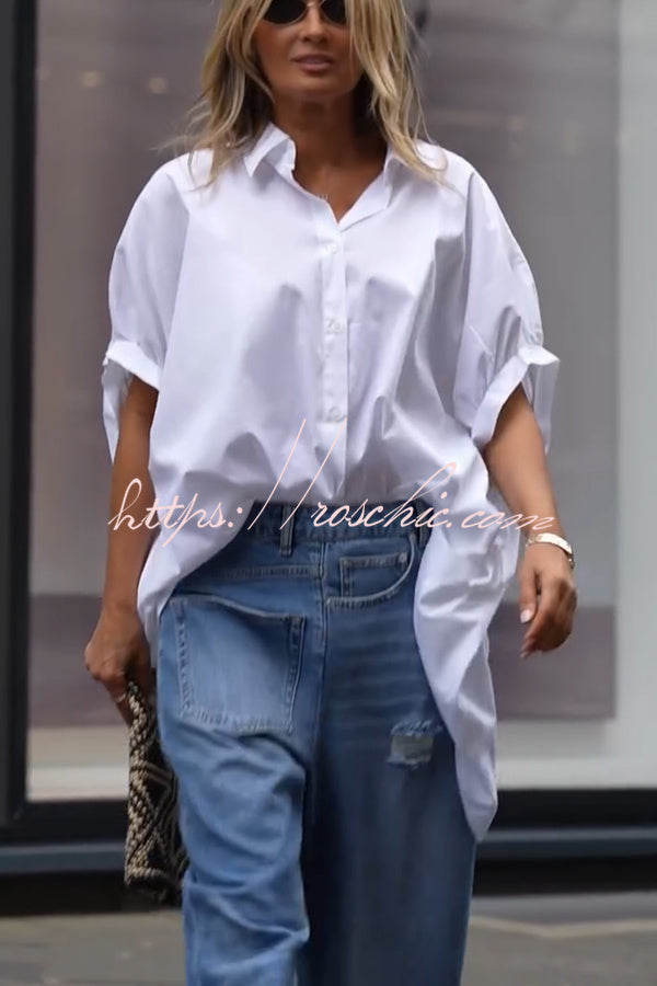 Tania Cotton Blend Button Up Wide Sleeve Oversized Long Shirt