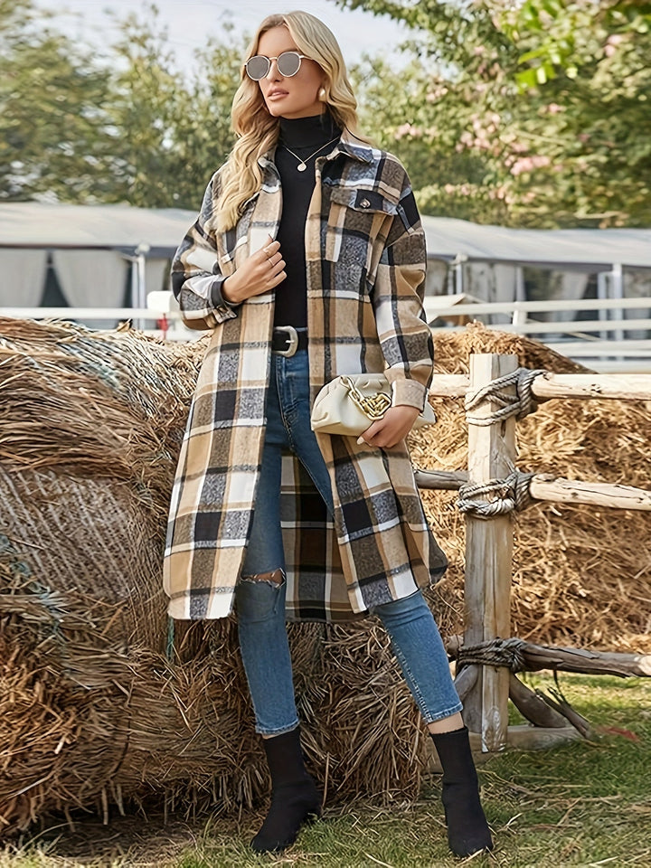 Rosamund Longline Plaid Coat, view 2 - Elena Harper